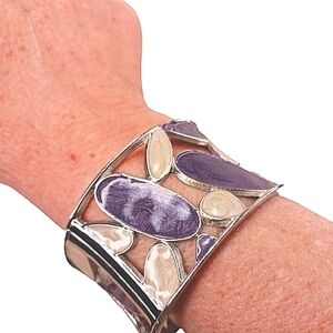 Cuff Bracelet Silver Purple Neo-Plasticism Vintage Modern Style Enameled